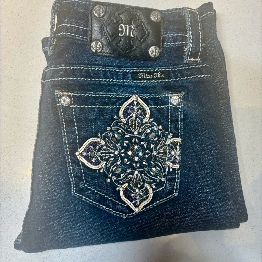 Miss Me Blue Boot Cut Jeans with Intricate Embroidery